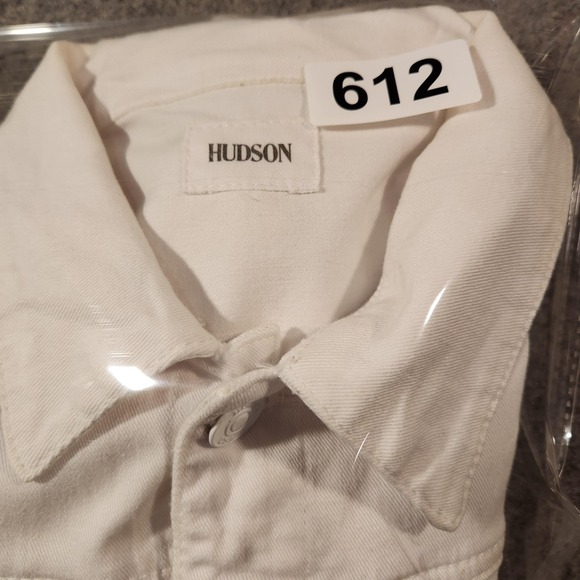 Hudson Jacket Womens Small White‎ Denim Trucker Button Front Union Jack Patch - Picture 8 of 8